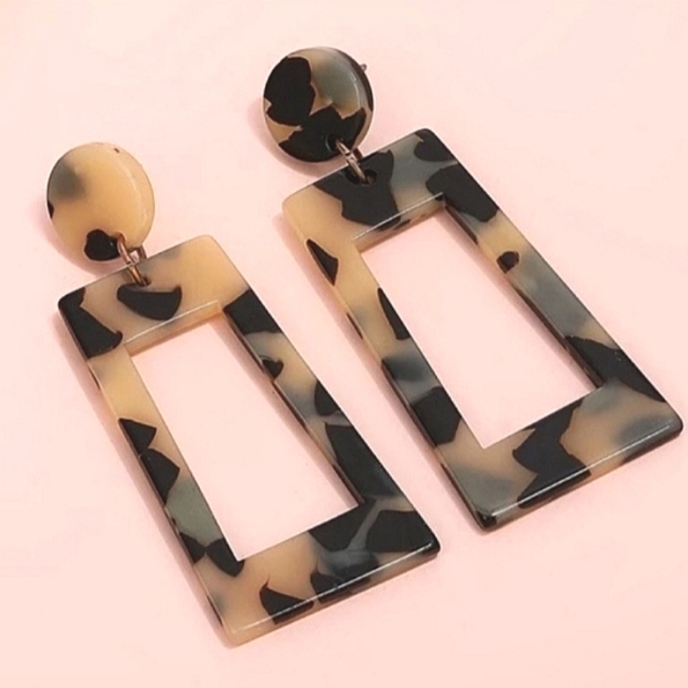 Mosaic Tortoise Shell Resin Statement Rectangle Drop Earrings